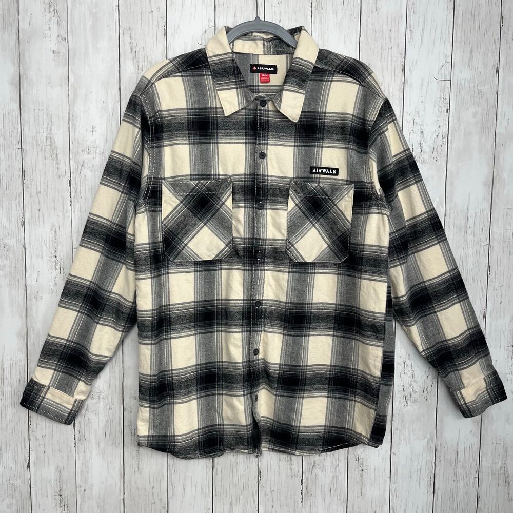 Airwalk Flannel Shirt Mens Medium Black White Plaid Skater Y2K Style Button Up